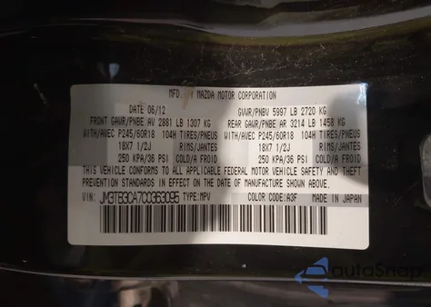 2012 Mazda Cx-9 Touring z USA, uszkodzony, nr VIN JM3TB3CA7C0363095